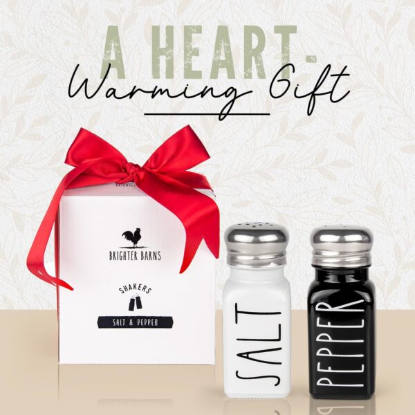 Salt and Pepper Shakers Set by Brighter Barns - Cute Modern Farmhouse Kitchen Decor for Home Restaurants Wedding - Gorgeous Vintage Glass Black White Shaker Sets with Stainless Steel Lids - Image 5