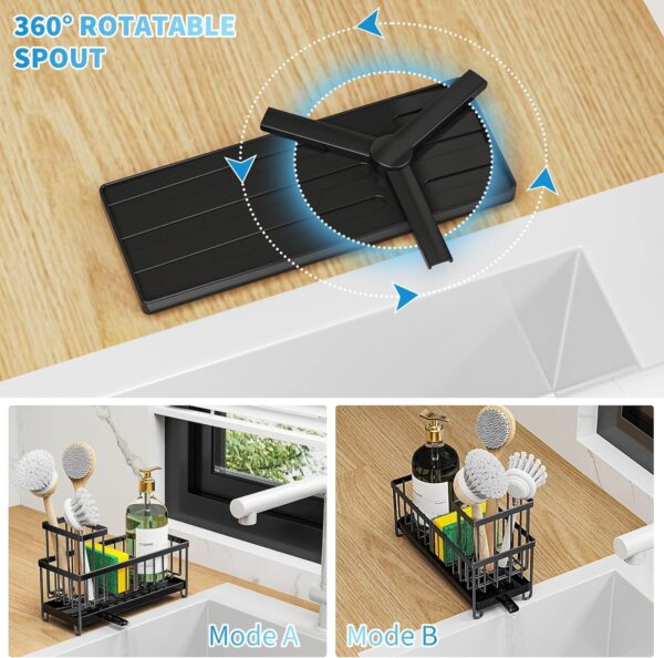 Cisily Black Sponge Holder for Kitchen Sink, Sink Caddy Organizer with High Brush Holder, Kitchen Countertop Organizers and Storage Essentials, Rustproof 304 Stainless Steel, Soap Dispenser Organize - Image 2