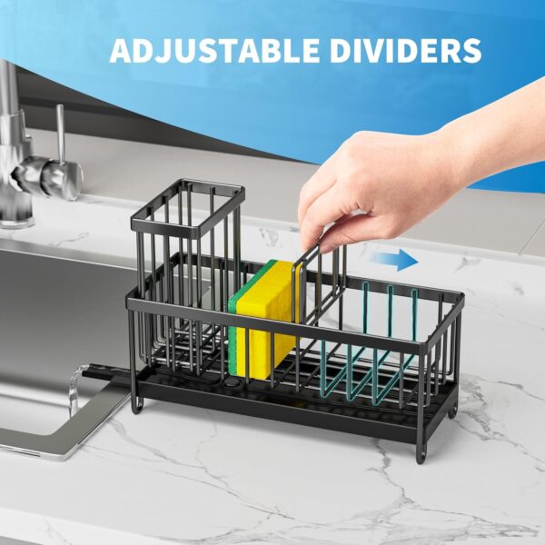 Cisily Black Sponge Holder for Kitchen Sink, Sink Caddy Organizer with High Brush Holder, Kitchen Countertop Organizers and Storage Essentials, Rustproof 304 Stainless Steel, Soap Dispenser Organize - Image 4