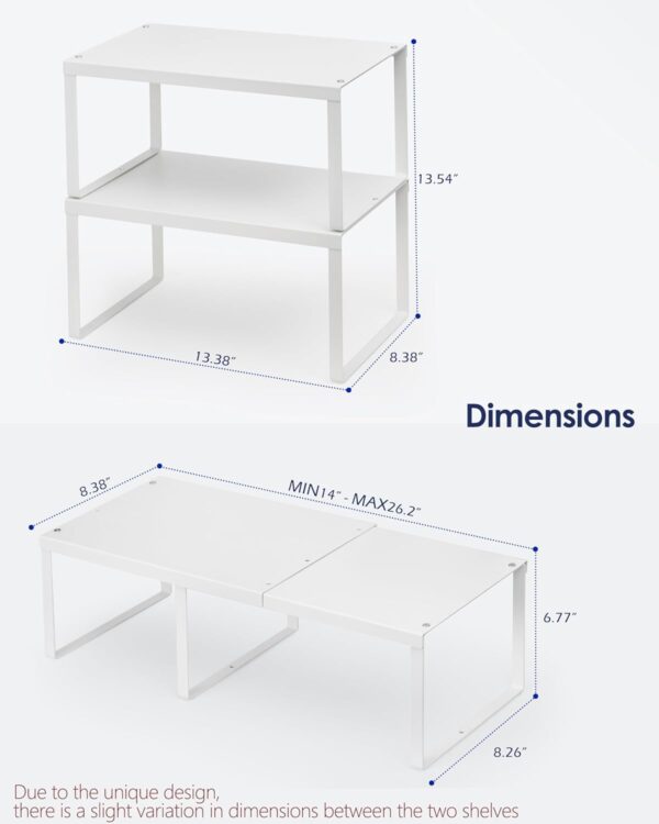 Nxconsu 4Pack Cabinet Shelf Expandable Stackable Organizer Riser for Kitchen Cabinet Pantry Cupboard Under Sink Countertop Organization Accessories Storage Space Saver Multi-Function Metal White - Image 3