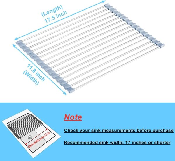 Seropy Roll Up Dish Drying Rack, Over The Sink Dish Drying Rack Kitchen Rolling Dish Drainer, Foldable Sink Rack Mat Stainless Steel Wire Dish Drying Rack for Kitchen Sink Counter Storage 17.5x11.8 - Image 2