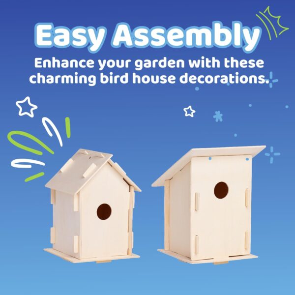 Neliblu DIY 12 Wooden Bird House Kits - Creative Arts and Crafts Set for Kids and Adults - Unfinished Wood Birdhouses with Paint Strips, Brushes, Stickers and Strings - 3 Unique Shapes, 2 Sizes - Image 5
