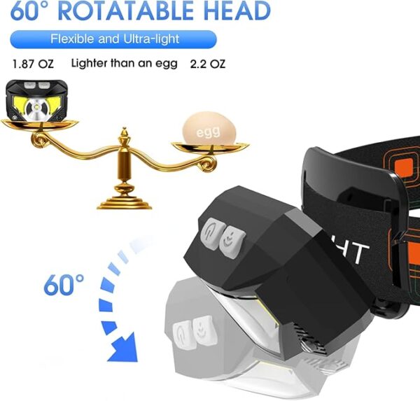 LHKNL Headlamp Flashlight, 1200 Lumen Ultra-Light Bright LED Rechargeable Headlight with White Red Light,2-Pack Waterproof Motion Sensor Head Lamp,8 Modes for Outdoor Camping Running Hiking Fishing - Image 4