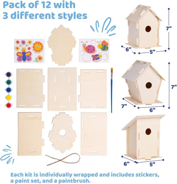 Neliblu DIY 12 Wooden Bird House Kits - Creative Arts and Crafts Set for Kids and Adults - Unfinished Wood Birdhouses with Paint Strips, Brushes, Stickers and Strings - 3 Unique Shapes, 2 Sizes - Image 3