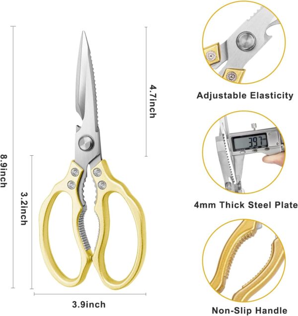 Kitchen Scissors, Heavy Duty Sharp Kitchen Shears Dishwasher Safe, Kitchen Accessories Cooking Shears for Kitchen Meat Chicken Fish Poultry Herb Bread (gold) - Image 2