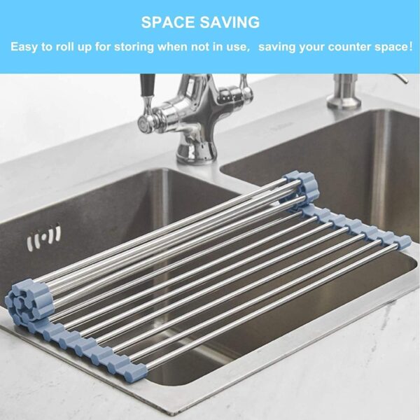 Seropy Roll Up Dish Drying Rack, Over The Sink Dish Drying Rack Kitchen Rolling Dish Drainer, Foldable Sink Rack Mat Stainless Steel Wire Dish Drying Rack for Kitchen Sink Counter Storage 17.5x11.8 - Image 3