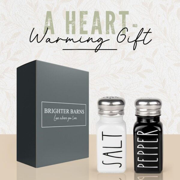 Salt and Pepper Shakers Set by Brighter Barns - Cute Modern Farmhouse Kitchen Decor for Home Restaurants Wedding - Gorgeous Vintage Glass Black White Shaker Sets with Stainless Steel Lids - Image 3