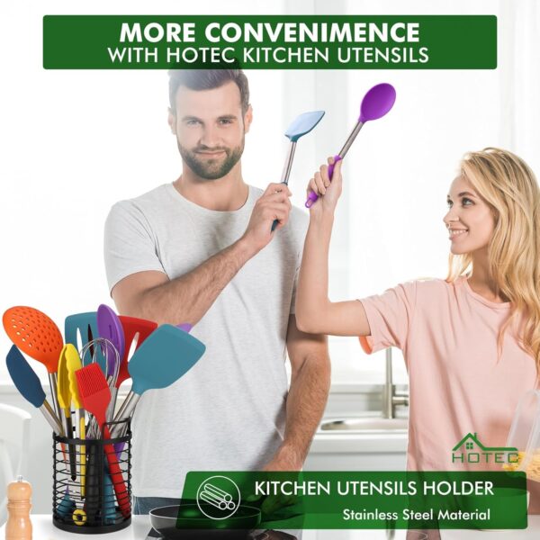 HOTEC Heat Resistant Silicone Kitchen Utensils, Cooking Utensil Set, Spatula Set, BPA Free, Kitchen Gadgets, Utensils Holder, Dishwasher Safe, 14pcs Multicolor - Image 4