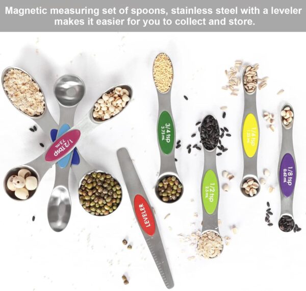 Multicolor Magnetic Measuring Spoons Set with Leveler - Stainless Steel, Stackable, Fits Spice Jars - For Baking Kitchen - Image 3
