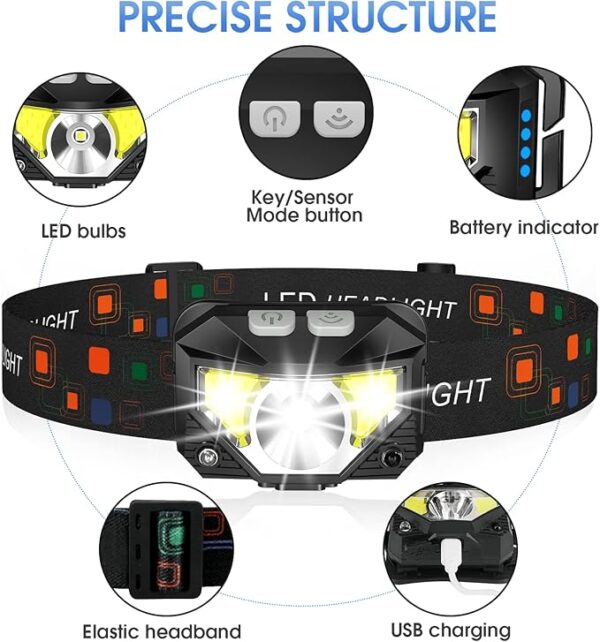 LHKNL Headlamp Flashlight, 1200 Lumen Ultra-Light Bright LED Rechargeable Headlight with White Red Light,2-Pack Waterproof Motion Sensor Head Lamp,8 Modes for Outdoor Camping Running Hiking Fishing - Image 2
