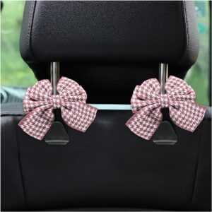 2 PCS Cute Bow Car Seat Headrest Hooks, Lovely Bow-Knot Vehicle Rear Seat Bracket Hook, Multi-Use Portable Bow Seat Back Hook for Handbags Umbrellas Grocery Storage (Houndstooth Pink)