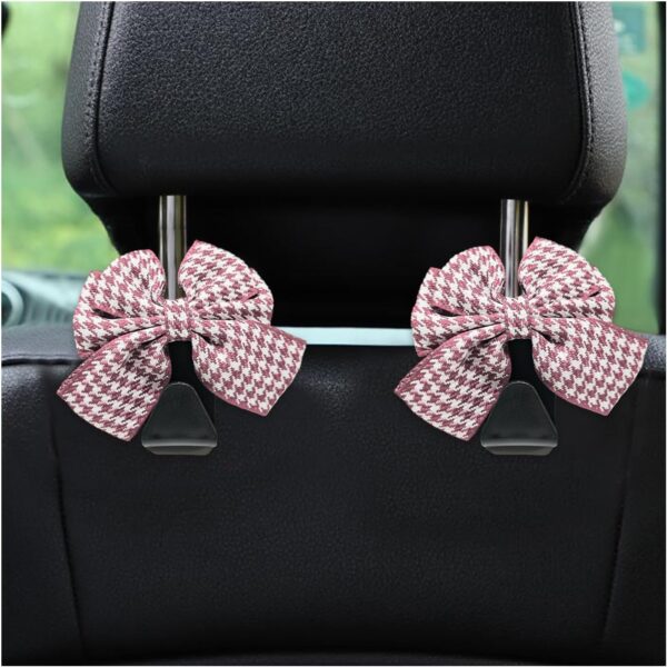 2 PCS Cute Bow Car Seat Headrest Hooks, Lovely Bow-Knot Vehicle Rear Seat Bracket Hook, Multi-Use Portable Bow Seat Back Hook for Handbags Umbrellas Grocery Storage (Houndstooth Pink)