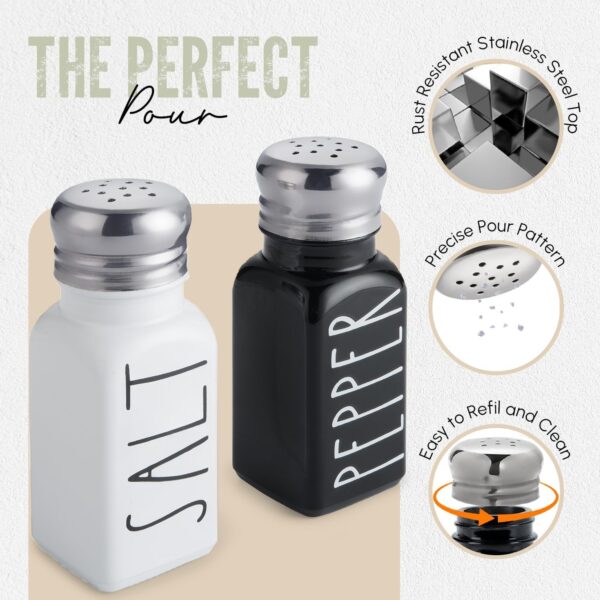 Salt and Pepper Shakers Set by Brighter Barns - Cute Modern Farmhouse Kitchen Decor for Home Restaurants Wedding - Gorgeous Vintage Glass Black White Shaker Sets with Stainless Steel Lids - Image 5