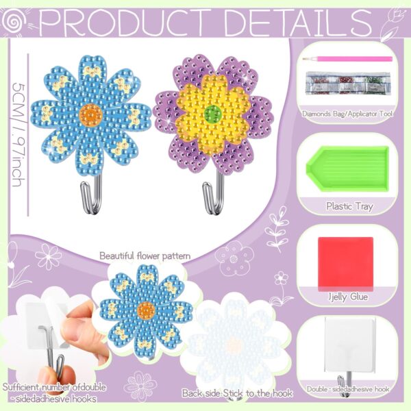 Relaxweex 30 Pcs Diamond Painting Kits for Adults DIY Diamond Art Painting Wall Hook Key Holder Wall Mounted Adhesive Hook Flowers Theme Arts and Crafts DIY Kits for Towel Hat Kitchen Decoration - Image 2