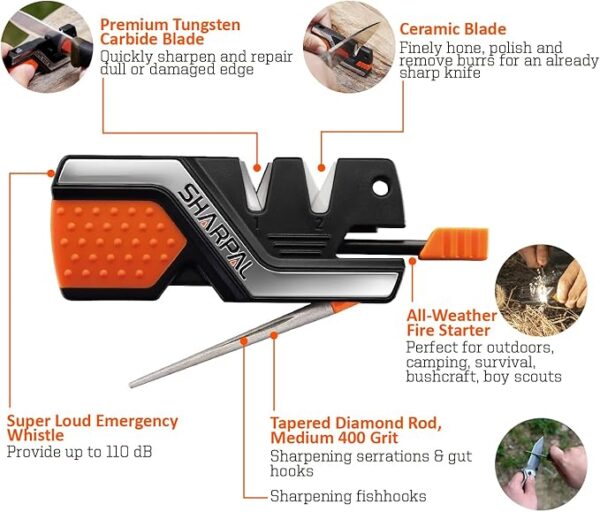 SHARPAL 101N 6-In-1 Pocket Knife Sharpener & Survival Tool, with Fire Starter Ferro Rod, Whistle & Diamond Sharpening Rod, Quickly Repair, Restore and Hone Straight and Serrated Blade - Image 2