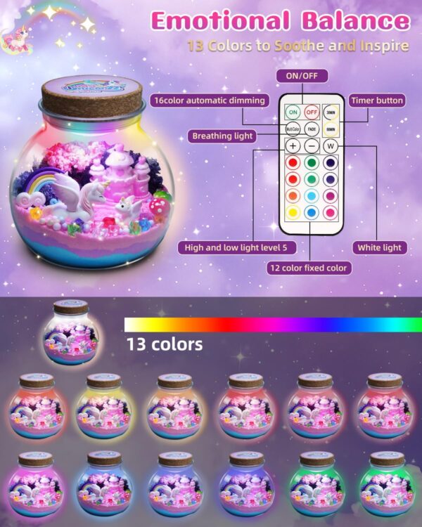 Light-Up Unicorn Terrarium Kit for Kids, DIY Arts & Crafts Gift for Girls Ages 4 5 6 7 8-12 Year Old, LED Night Light with Remote, Best Birthday Easter Unicorn Toys Gifts for Girls Kid - Image 5