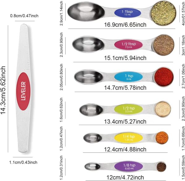 Multicolor Magnetic Measuring Spoons Set with Leveler - Stainless Steel, Stackable, Fits Spice Jars - For Baking Kitchen - Image 4