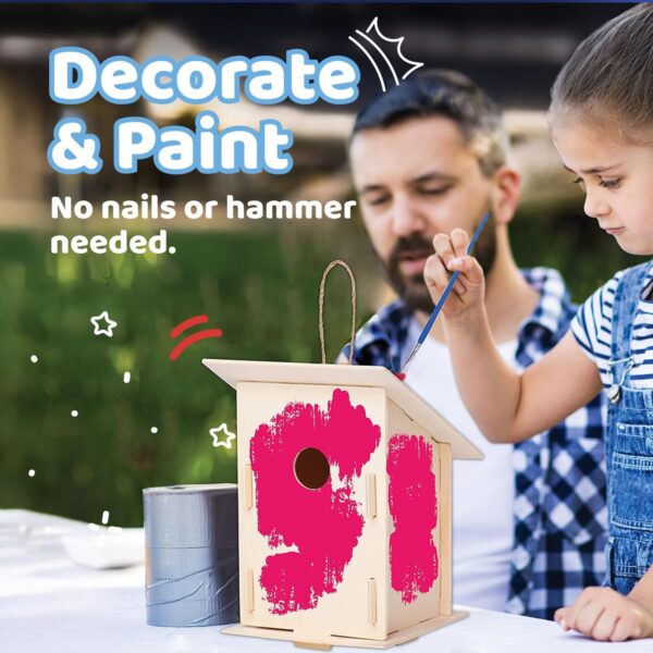 Neliblu DIY 12 Wooden Bird House Kits - Creative Arts and Crafts Set for Kids and Adults - Unfinished Wood Birdhouses with Paint Strips, Brushes, Stickers and Strings - 3 Unique Shapes, 2 Sizes - Image 2