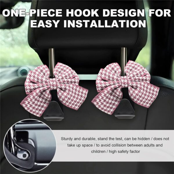 2 PCS Cute Bow Car Seat Headrest Hooks, Lovely Bow-Knot Vehicle Rear Seat Bracket Hook, Multi-Use Portable Bow Seat Back Hook for Handbags Umbrellas Grocery Storage (Houndstooth Pink) - Image 5