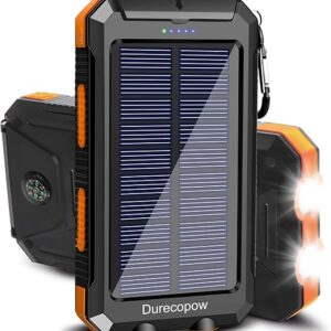 Solar Charger Power Bank, 20000mAh Portable Outdoor Waterproof Solar Battery Charger, Camping External Backup Battery Pack USB C Ports Input/Output, 2 Led Light Flashlight with Compass (Orange)