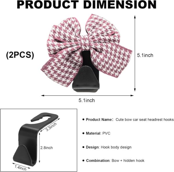 2 PCS Cute Bow Car Seat Headrest Hooks, Lovely Bow-Knot Vehicle Rear Seat Bracket Hook, Multi-Use Portable Bow Seat Back Hook for Handbags Umbrellas Grocery Storage (Houndstooth Pink) - Image 2