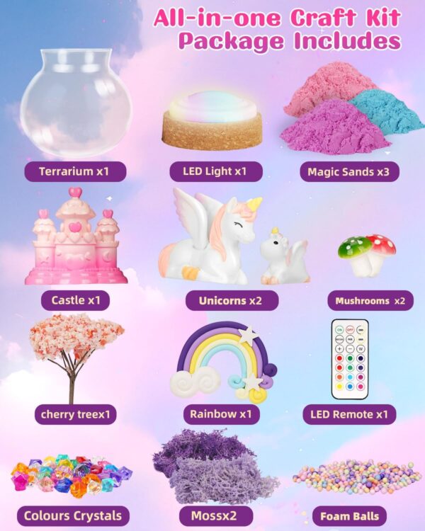 Light-Up Unicorn Terrarium Kit for Kids, DIY Arts & Crafts Gift for Girls Ages 4 5 6 7 8-12 Year Old, LED Night Light with Remote, Best Birthday Easter Unicorn Toys Gifts for Girls Kid - Image 6
