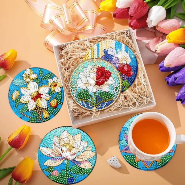 EWJRNSF 8 PCS Small Diamond Art Coasters Kits, Diamond Painting Coasters, Fall Diamond Art Kits for Adults Beginners, Arts and Crafts Item Sets with Holder for Drinks Flower Style - Image 4