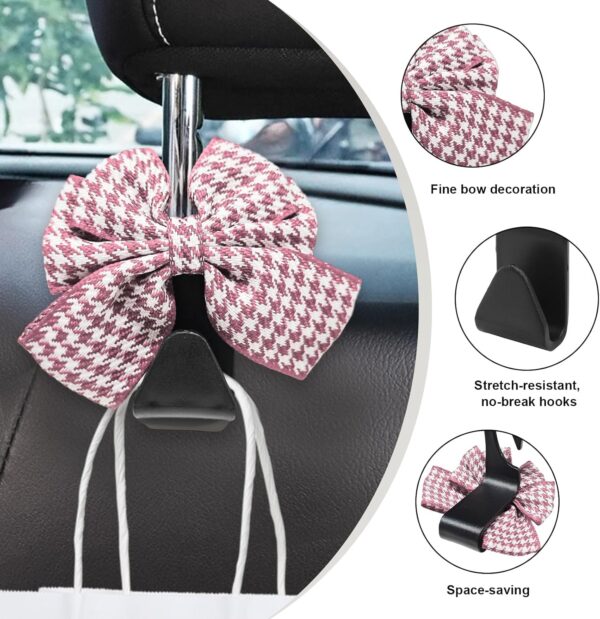 2 PCS Cute Bow Car Seat Headrest Hooks, Lovely Bow-Knot Vehicle Rear Seat Bracket Hook, Multi-Use Portable Bow Seat Back Hook for Handbags Umbrellas Grocery Storage (Houndstooth Pink) - Image 3
