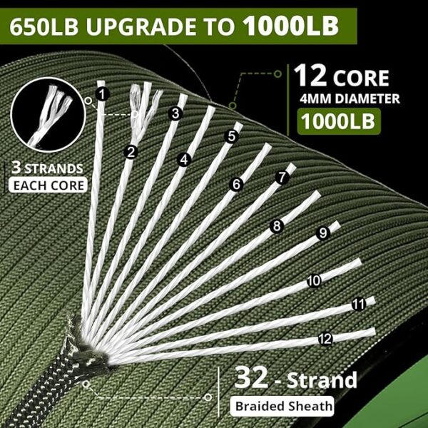 1000Ib Paracord Rope - 100ft / 200ft / 500ft / 1000ft 4mm,12 Strand Parachute Spool Cord,para Cord Lanyard for Camping,Hammock,Clothsline,Hiking,Fishing,Survival braceletand Survival - ArmyGreen 100FT