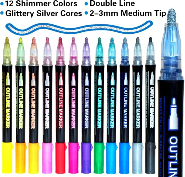 Glitter Markers Outline Glitter Pens: 12 Shimmer Metallic Tween Teen Girl Gifts Trendy Stuff 4-16 Year Old,Arts Crafts Kids Ages 8-12,Art Supplies Kids 6-8 9-12 10-12,Cute Cool Fun Crafts Girls 8-12 - Image 2