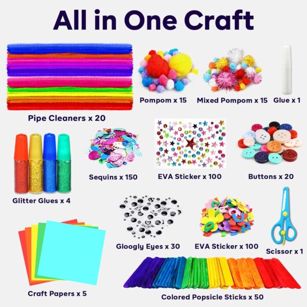 FUNZBO Arts and Crafts Supplies for Kids - Craft Kit with Glitter Glue Stick, Pipe Cleaners Pom Poms Craft & Craft Tools, DIY School Supplies Kit, Girls Toys, Birathday Gifts for Girls Boys Age 4+ - Image 2