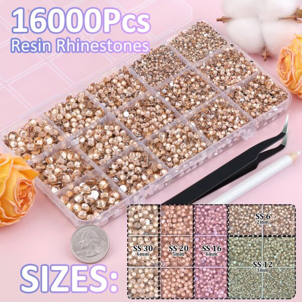 16000Pcs Resin Rhinestones with Tweezers for Crafting, Champagne 2-6mm Mixed Sizes Bedazzling Crystal with 3Pcs 10ml B7000 Jewelry Glue for DIY Crafts Clothing Tumblers Shoes Fabric Nail Art - Image 2