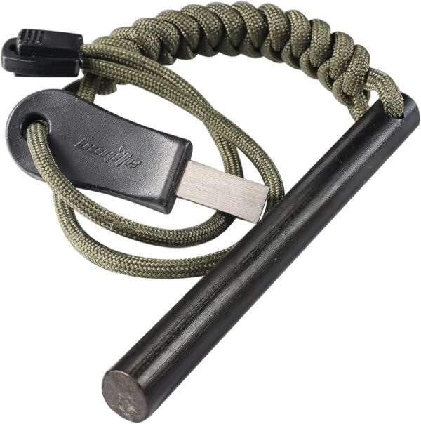 bayite 4 Inch Survival Ferrocerium Drilled Flint Fire Starter, Ferro Rod Kit with Paracord Landyard Handle and Striker