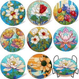 EWJRNSF 8 PCS Small Diamond Art Coasters Kits, Diamond Painting Coasters, Fall Diamond Art Kits for Adults Beginners, Arts and Crafts Item Sets with Holder for Drinks Flower Style