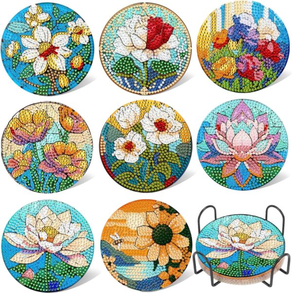EWJRNSF 8 PCS Small Diamond Art Coasters Kits, Diamond Painting Coasters, Fall Diamond Art Kits for Adults Beginners, Arts and Crafts Item Sets with Holder for Drinks Flower Style
