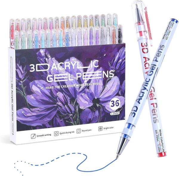 3D Acrylic Gel Pen,36 Colors Acrylic Paint Markers With 1mm Bullet Tip Point, Acrylic Paint Pens for Black Paper,Rock Painting, Glass, Wood, Fabric,Cards,Scrapbook,DIY Art Crafts
