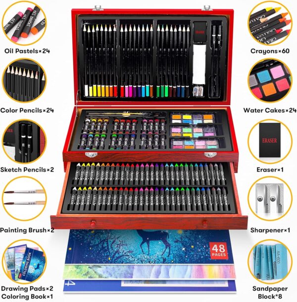 iBayam Art Supplies, 150-Pack Deluxe Wooden Art Set Crafts Drawing Painting Kit with 2 -Sketch Pads, 1-Coloring Book, Gift Box for Kids Adults Artist Beginners Teens Girls Boys 5 6 7 8 9 10 11 12 - Image 2