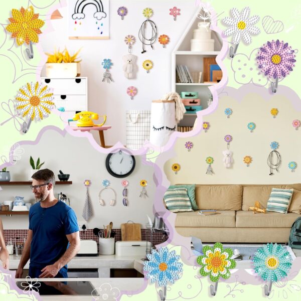 Relaxweex 30 Pcs Diamond Painting Kits for Adults DIY Diamond Art Painting Wall Hook Key Holder Wall Mounted Adhesive Hook Flowers Theme Arts and Crafts DIY Kits for Towel Hat Kitchen Decoration - Image 4