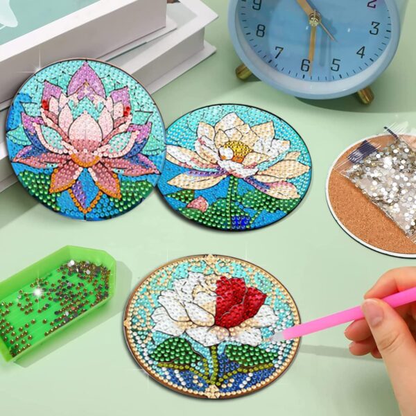 EWJRNSF 8 PCS Small Diamond Art Coasters Kits, Diamond Painting Coasters, Fall Diamond Art Kits for Adults Beginners, Arts and Crafts Item Sets with Holder for Drinks Flower Style - Image 6
