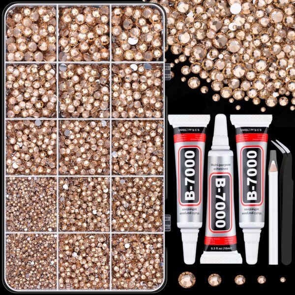 16000Pcs Resin Rhinestones with Tweezers for Crafting, Champagne 2-6mm Mixed Sizes Bedazzling Crystal with 3Pcs 10ml B7000 Jewelry Glue for DIY Crafts Clothing Tumblers Shoes Fabric Nail Art