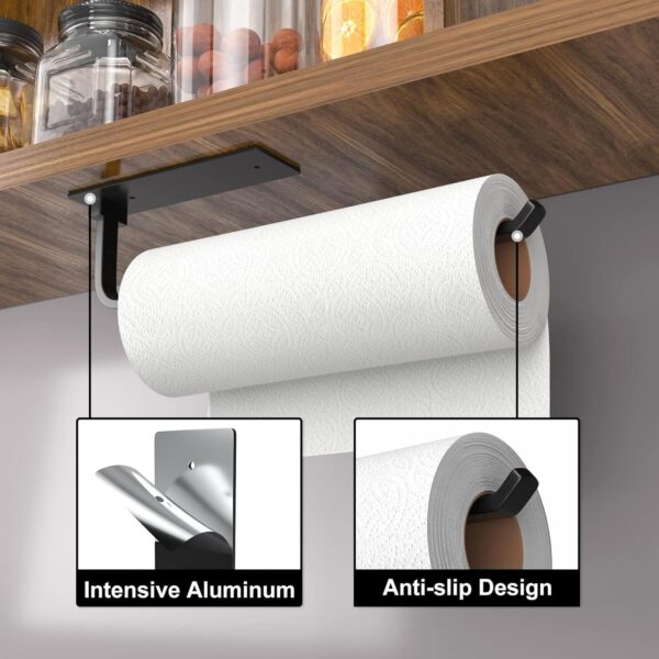Paper Towel Holder - Self-Adhesive or Drilling, Matte Black, Upgraded Aluminum Kitchen Roll Dispenser Under Cabinet, Lighter but Stronger Than Stainless Steel! - Image 5