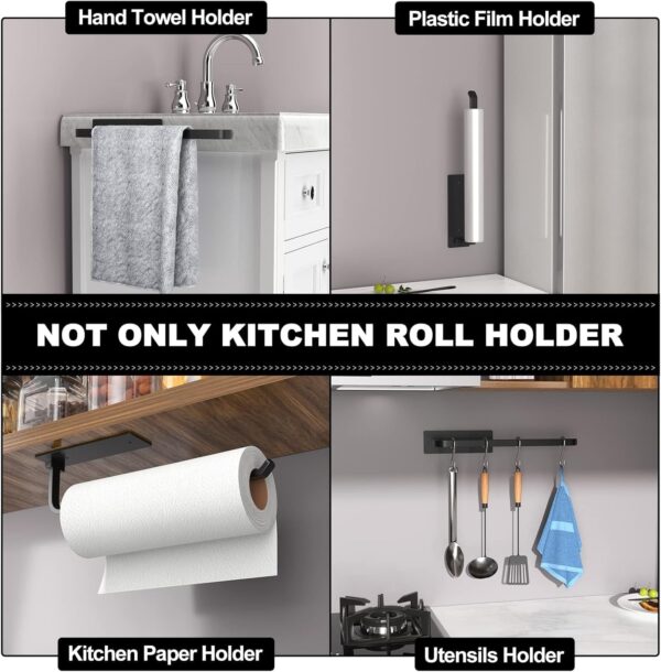 Paper Towel Holder - Self-Adhesive or Drilling, Matte Black, Upgraded Aluminum Kitchen Roll Dispenser Under Cabinet, Lighter but Stronger Than Stainless Steel! - Image 3