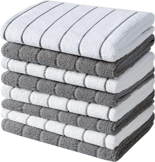 HYER KITCHEN Microfiber Dish Towels, Stripe Designed, Super Soft and Absorbent Dishcloth, Pack of 8, 12 x 12 Inch, Gray and White