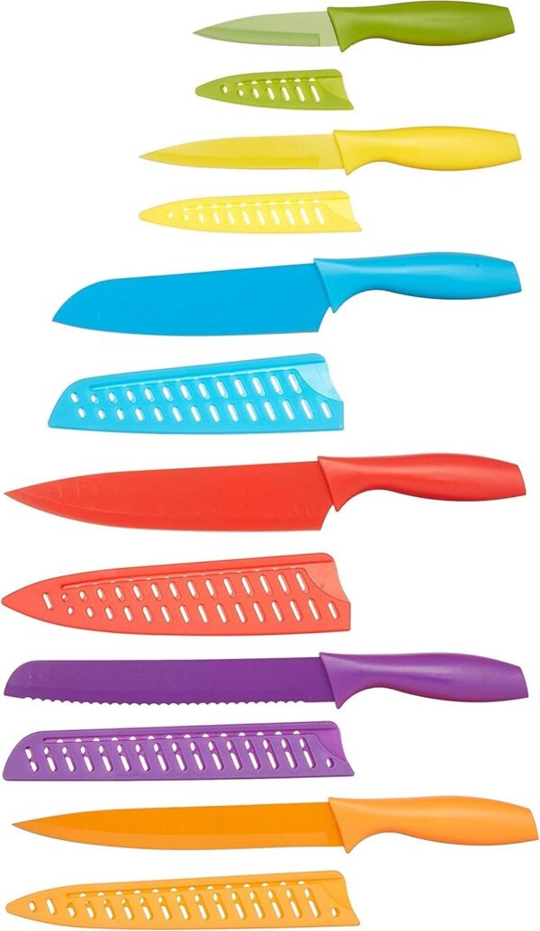 Amazon Basics Color-Coded Dishwasher Safe Kitchen 12-Piece Knife Set, 6 Knives with 6 Blade Guards, Multicolor, 13.88 x 4.13 x 1.38 inch - Image 6