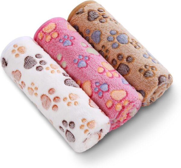 1 Pack 3 Blankets Super Soft Fluffy Premium Fleece Pet Blanket Flannel Throw for Dog Puppy Cat Paw Brown/Pink/White Small(23x16 inch) - Image 3