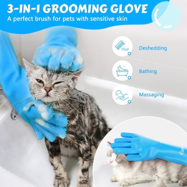 Pecute Pet Grooming Gloves - Heat Resistant Silicone Gloves with High-Density Teeth, Enhanced Five Finger Design for Bathing and Massaging Dogs and Cats, Blue - Image 4